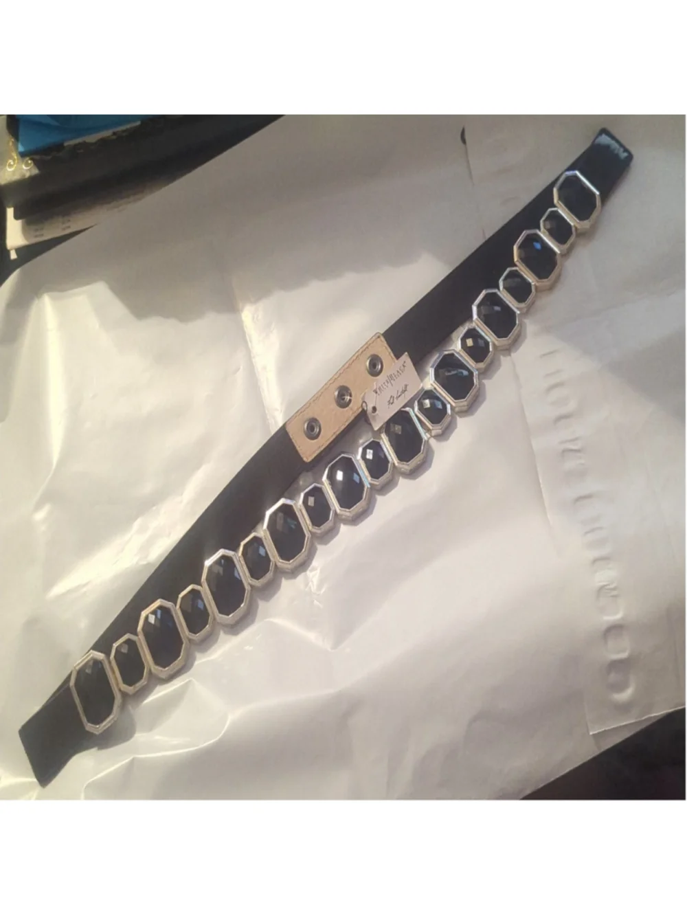 White House Black Market Silver Tone Black Rhinestone Embellished Stretch Belt